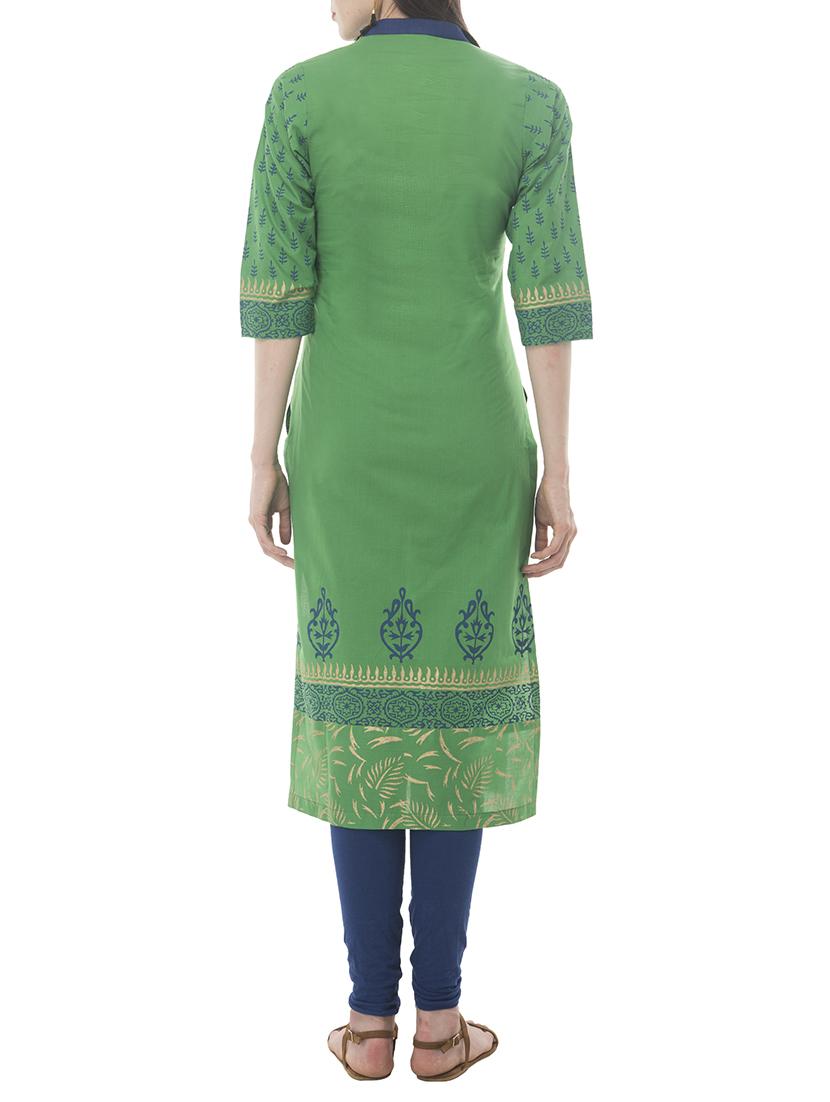 green cotton straight kurta - 15171130 - Zoom Image - 3