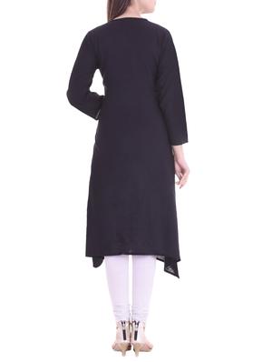 black cotton asymmetric solid kurta - 15175865 - Standard Image - 3