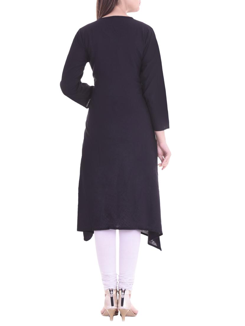 black cotton asymmetric solid kurta - 15175865 - Zoom Image - 3