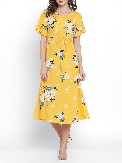 yellow crepe a-line floral dress - 15179795 - Standard Image - 1