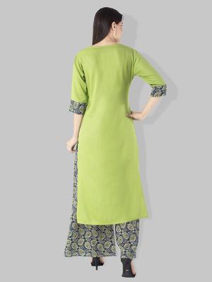 Double pocket solid kurta with printed palazzo - 15182399 - Standard Image - 3