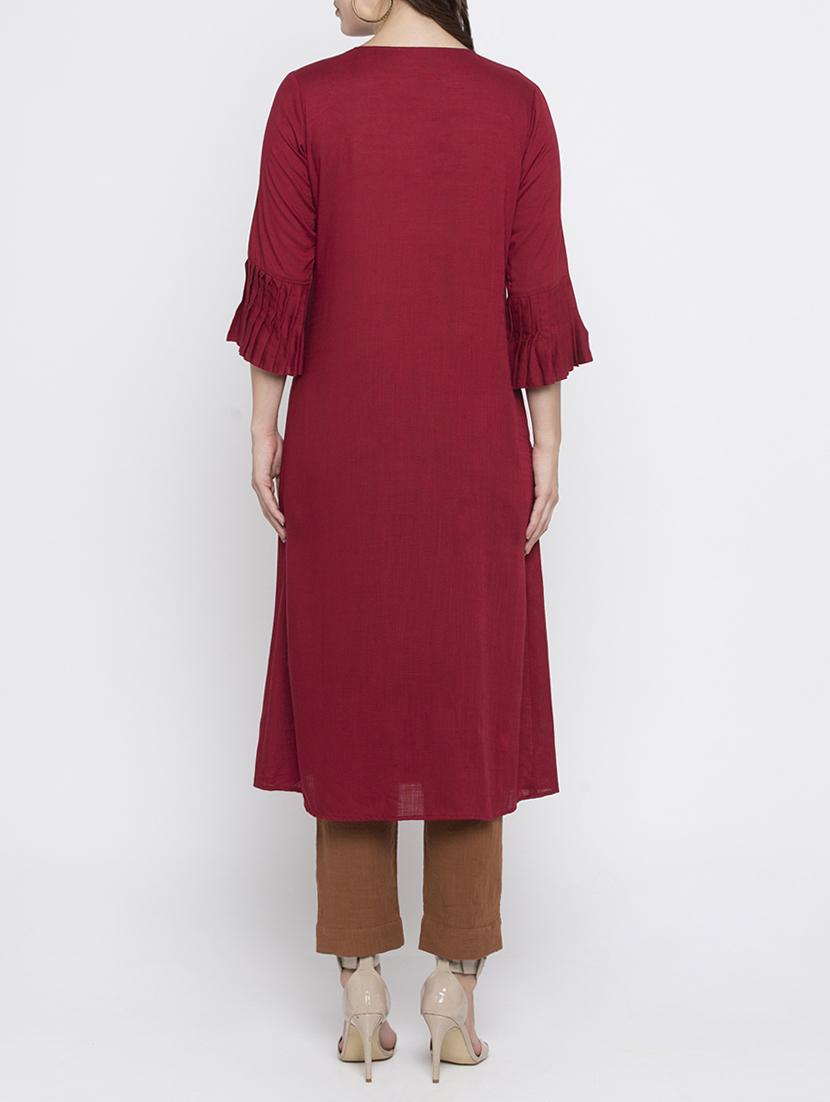 maroon rayon a-line solid kurta - 15187046 - Zoom Image - 3