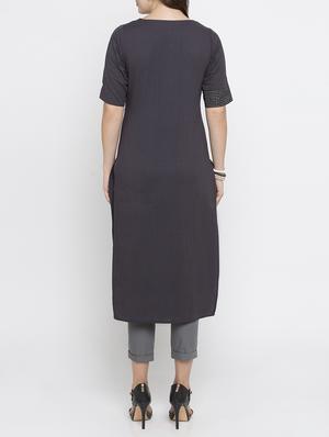 grey cotton straight kurta - 15187071 - Standard Image - 3
