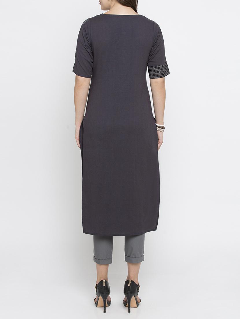 grey cotton straight kurta - 15187071 - Zoom Image - 3