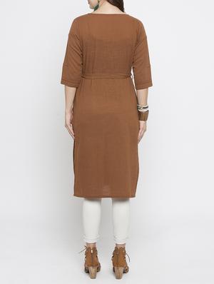 brown cotton straight solid kurta - 15187234 - Standard Image - 3