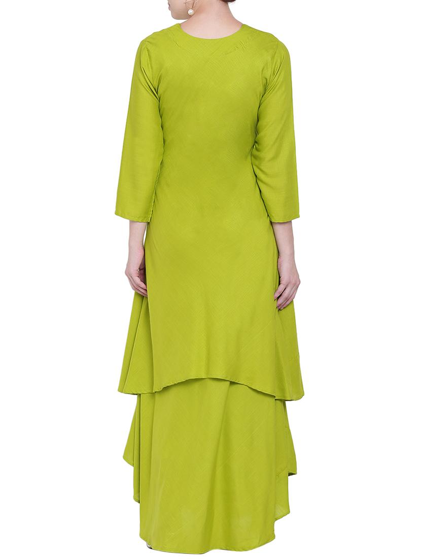 lime layered solid kurta - 15194383 - Zoom Image - 3