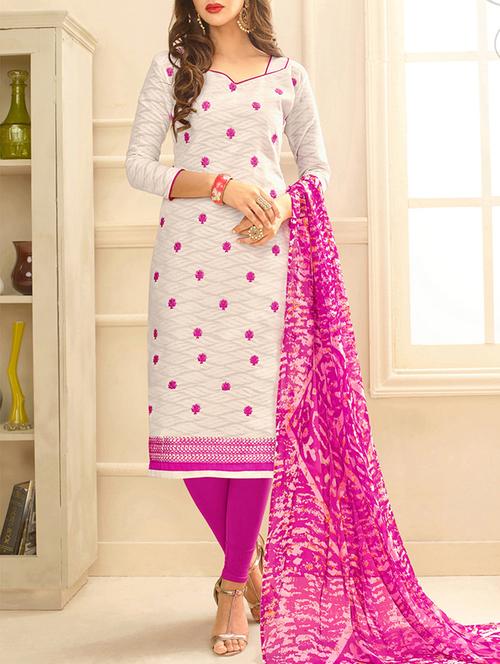 white embroidered unstitched churidaar suit - 15194849 - Standard Image - 1