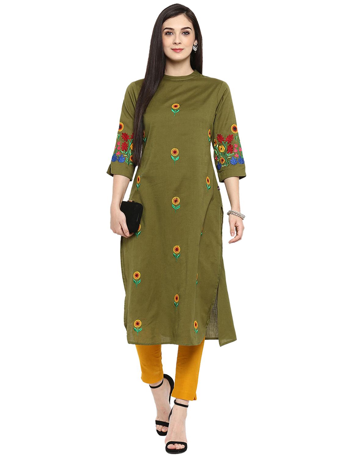 green cotton straight kurta - 15201252 - Zoom Image - 3