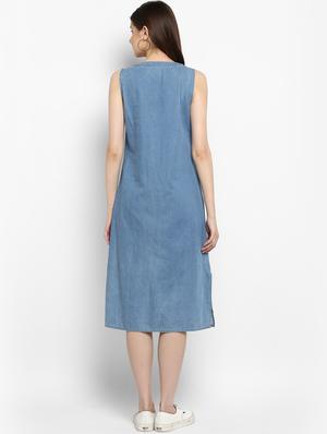 blue solid a-line denim dress - 15205752 - Standard Image - 3