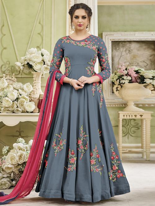 Grey embroidered semi-stitched anarkali suit - 15206328 - Very Small Image - 1