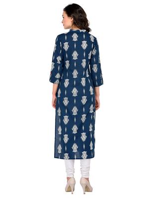 blue cotton straight kurta - 15265621 - Standard Image - 3