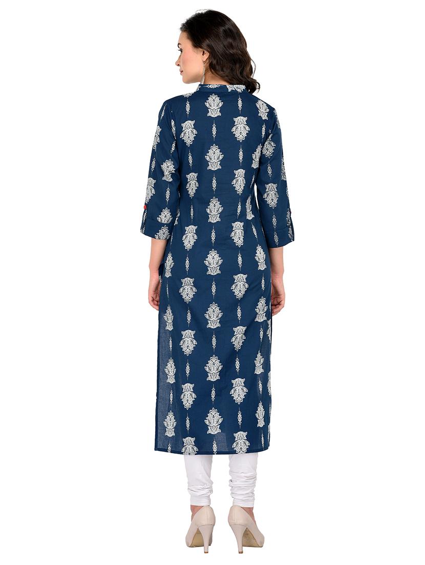 blue cotton straight kurta - 15265621 - Zoom Image - 3