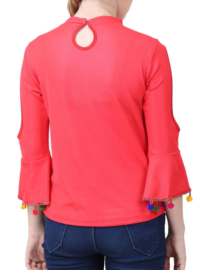 cut out sleeved pom pom detail top - 15282218 - Zoom Image - 3