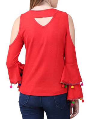 cold shoulder sleeved pom pom detail top - 15282223 - Standard Image - 3