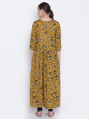 mustard cotton flared kurta - 15291106 - Standard Image - 3