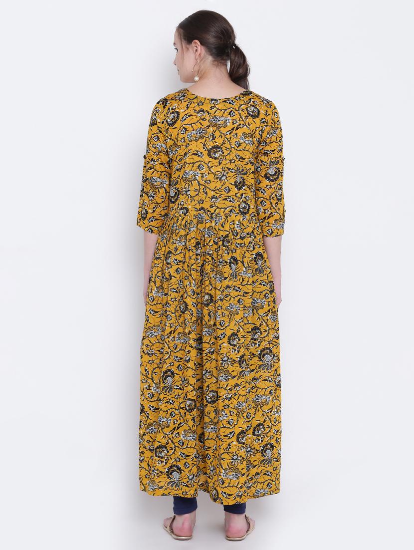 mustard cotton flared kurta - 15291106 - Zoom Image - 3
