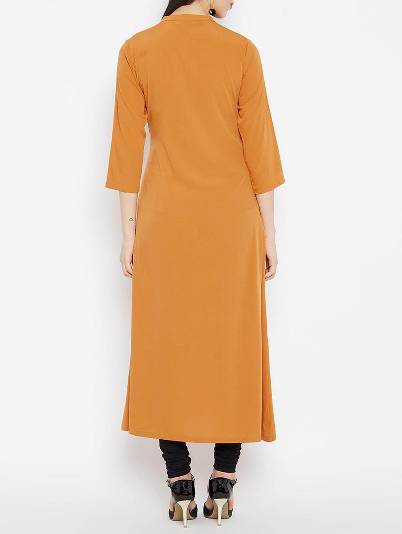 mustard crepe a-line solid kurta - 15295657 - Zoom Image - 3