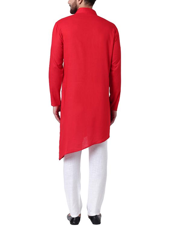 red rayon asymmetric kurta pyjama set - 15296413 - Zoom Image - 3