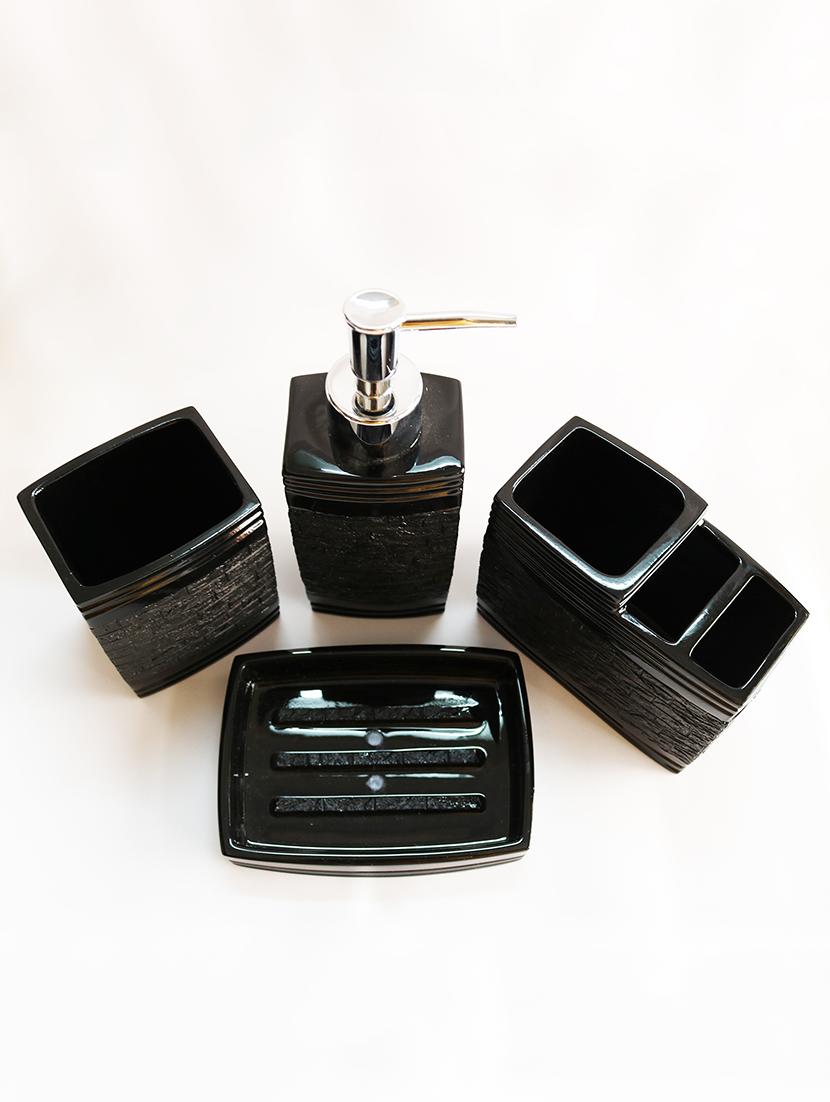 Black Polyresin Bath Set collection of liquid Soap Dispenser, Toothbrush Holder, Tumbler and Soap Dish - 15327395 - Zoom Image - 3