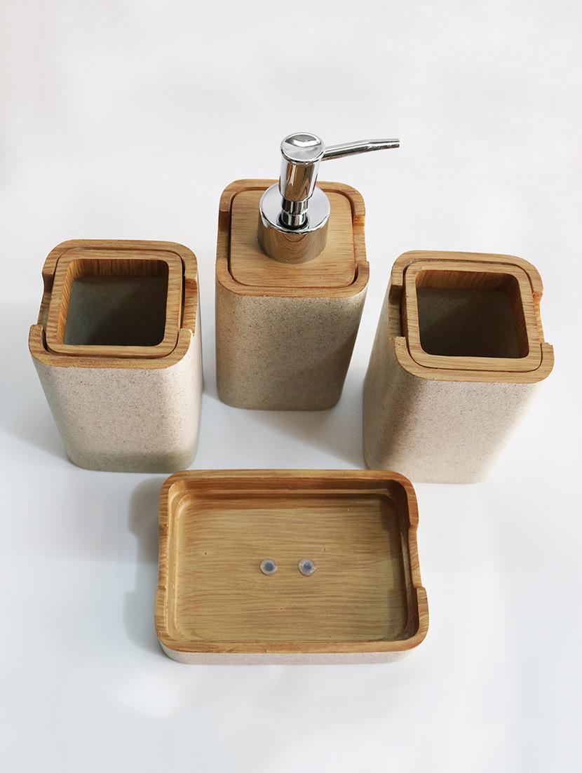Cream & Brown Polyresin Bath Set collection of liquid Soap Dispenser, Toothbrush Holder, Tumbler and Soap Dish - 15327407 - Zoom Image - 3