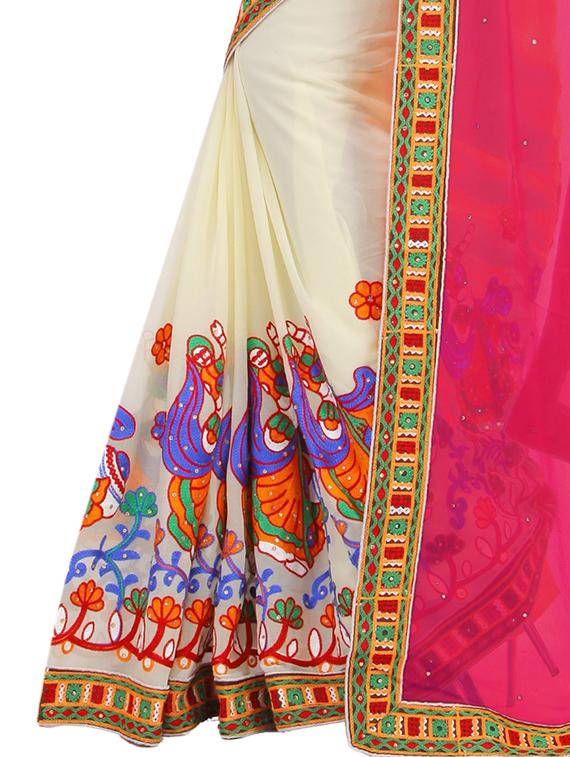 thread embroidered half & half saree with blouse - 15337042 - Zoom Image - 3