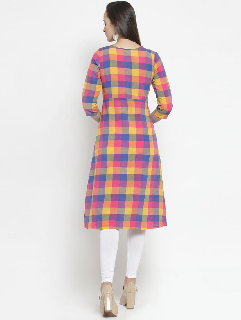 a-line multi checks kurta - 15343131 - Zoom Image - 3