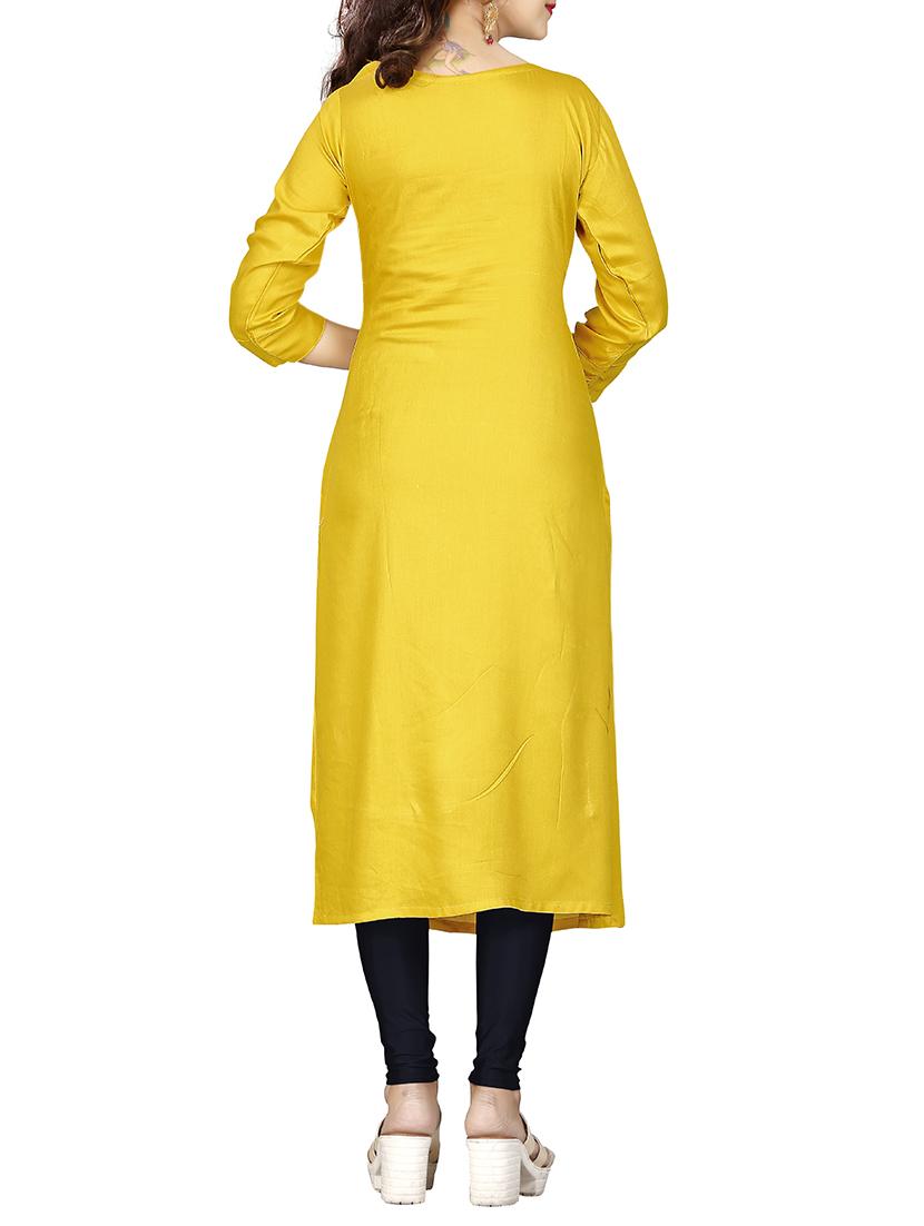 yellow rayon straight kurta - 15343583 - Zoom Image - 3