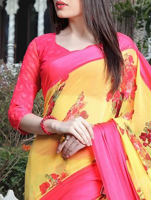 floral printed yellow saree with blouse - 15344236 - Standard Image - 3