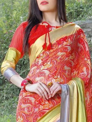 striped border red saree with blouse - 15344237 - Standard Image - 3