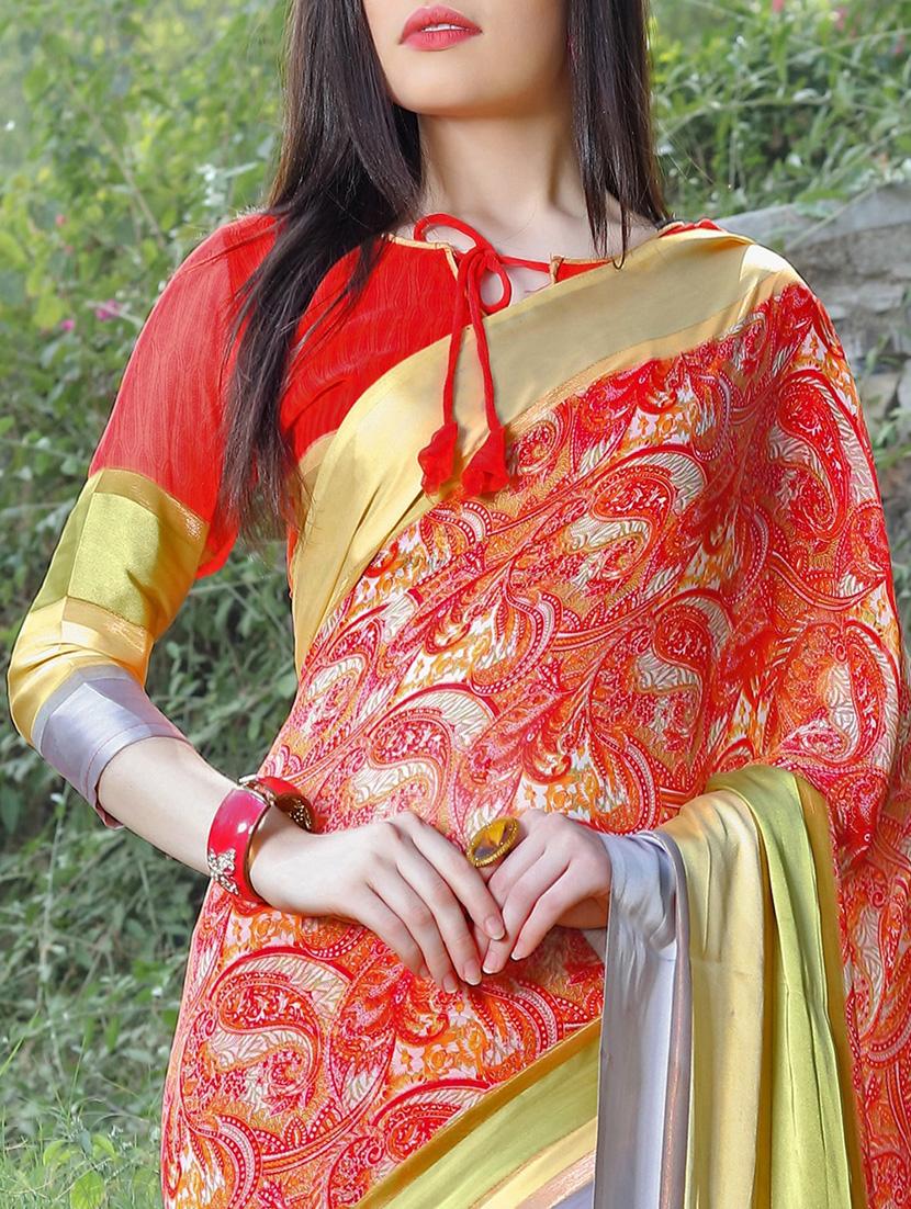 striped border red saree with blouse - 15344237 - Zoom Image - 3