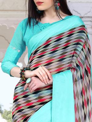 contrast border geometrical print saree with blouse - 15344239 - Standard Image - 3
