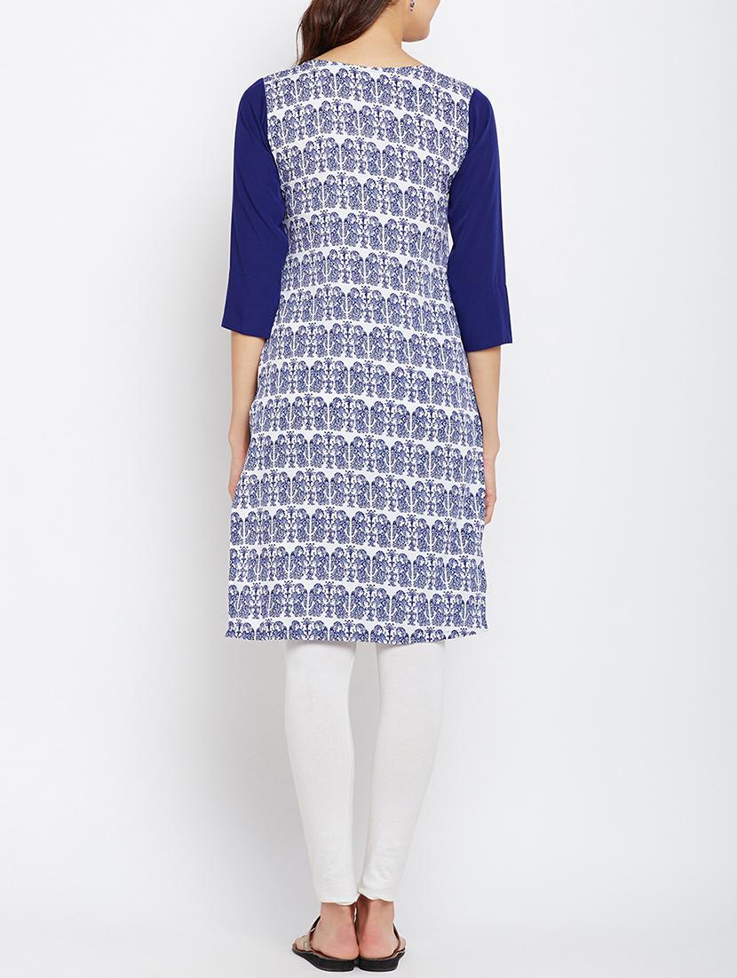 blue cotton straight kurta - 15349452 - Zoom Image - 3