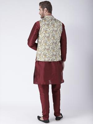 maroon dupion kurta pyjama set with nehru jacket - 15384267 - Standard Image - 3