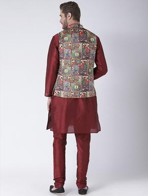 maroon dupion kurta pyjama set with nehru jacket - 15384269 - Standard Image - 3