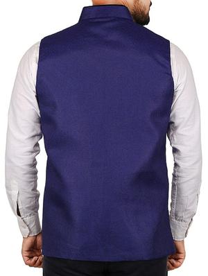 blue cotton blend nehru jacket - 15385843 - Standard Image - 3
