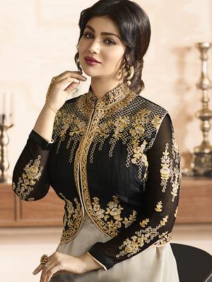 Embroidered semi-stitched churidaar suit - 15410232 - Standard Image - 3