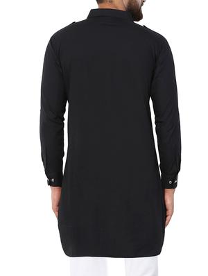 black solid pathani kurta - 15410444 - Standard Image - 3