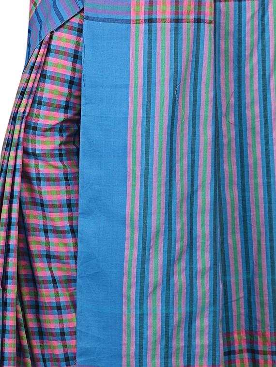 striped border checkered tant saree with tassels with blouse - 15412402 - Zoom Image - 3