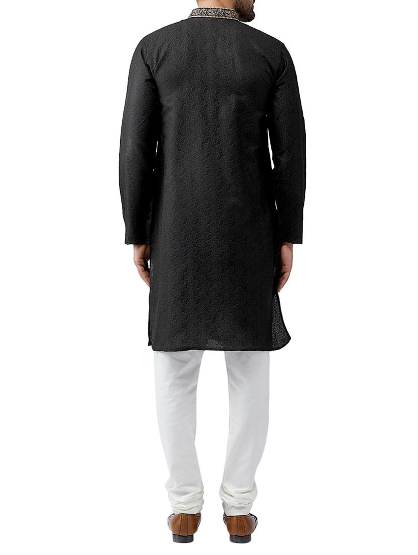 Black silk blend kurta pyjama set - 15415949 - Zoom Image - 3