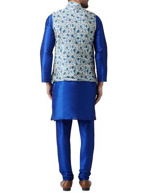 blue silk blend kurta pyjama set with nehru jacket - 15415957 - Standard Image - 3