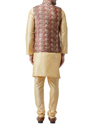gold silk blend kurta pyjama set with nehru jacket - 15415973 - Standard Image - 3