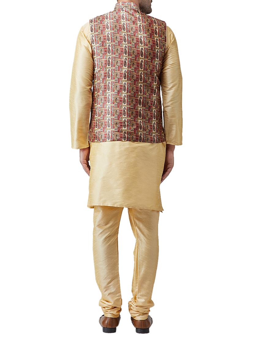 gold silk blend kurta pyjama set with nehru jacket - 15415973 - Zoom Image - 3