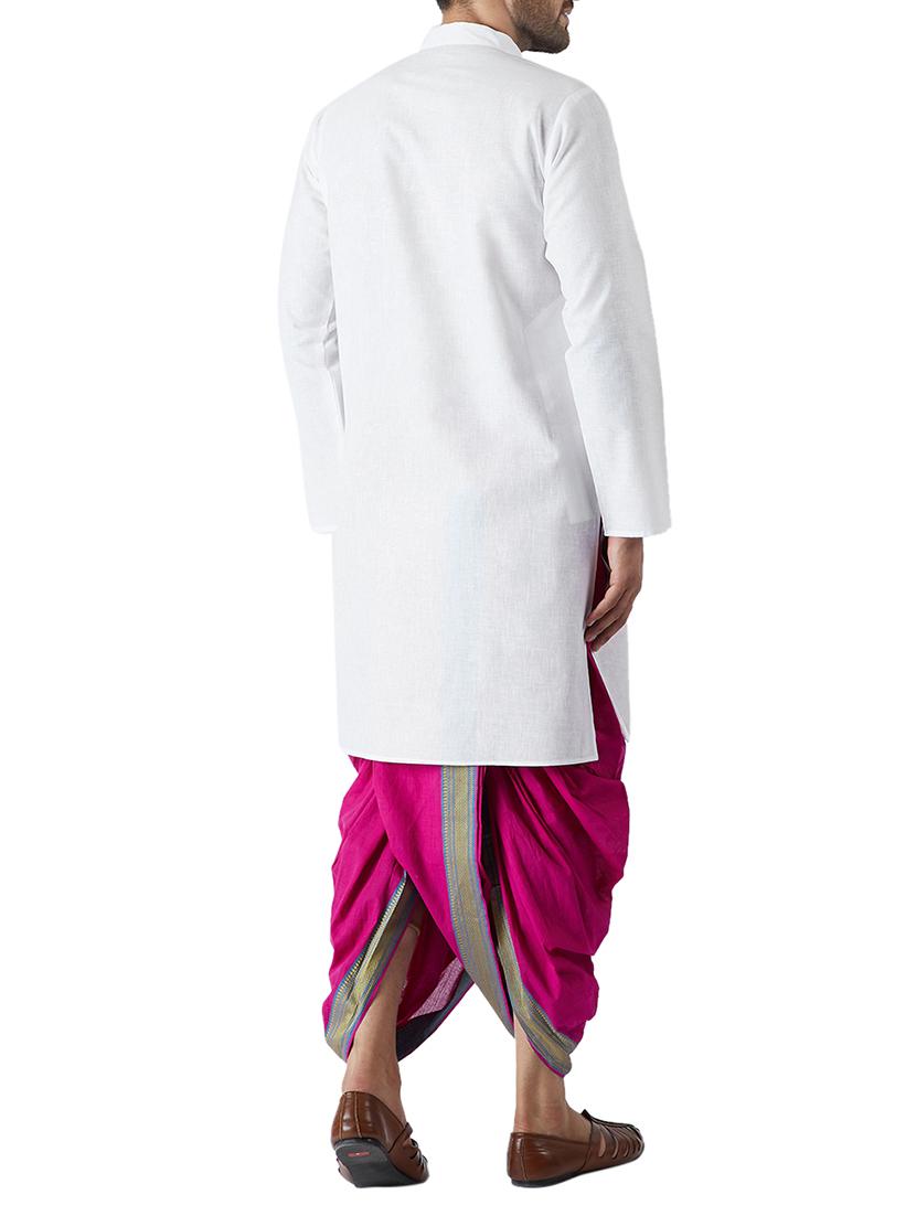 white and pink cotton dhoti kurta set - 15416027 - Zoom Image - 3