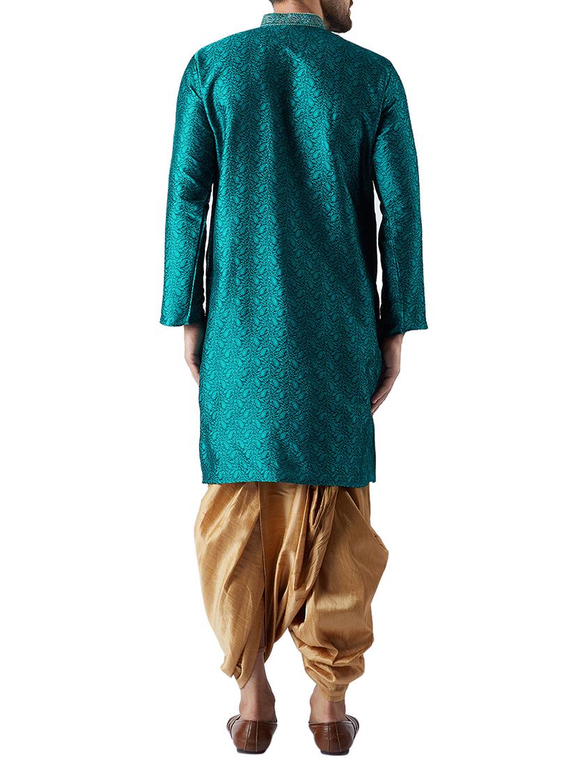 teal green and gold silk blend dhoti kurta set - 15416031 - Zoom Image - 3