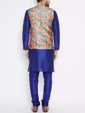 blue silk blend kurta pyjama set with nehru jacket - 15416074 - Standard Image - 3
