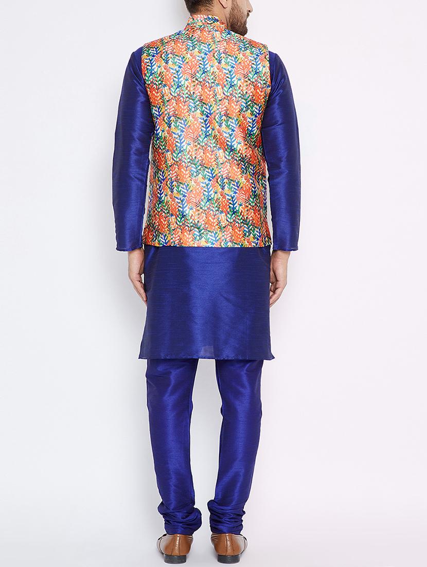 blue silk blend kurta pyjama set with nehru jacket - 15416074 - Zoom Image - 3