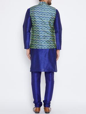 blue silk blend kurta pyjama set with nehru jacket - 15416075 - Standard Image - 3