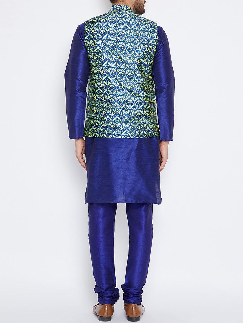 blue silk blend kurta pyjama set with nehru jacket - 15416075 - Zoom Image - 3