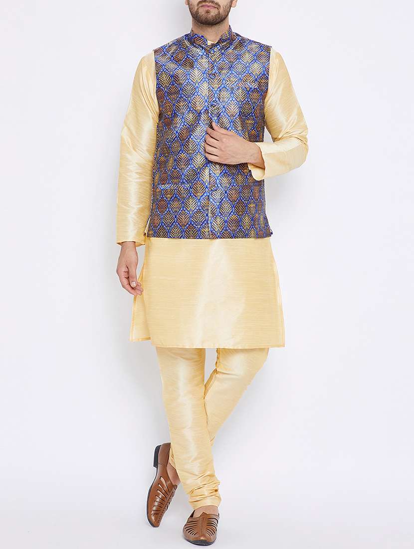 beige and blue silk blend kurta pyjama set