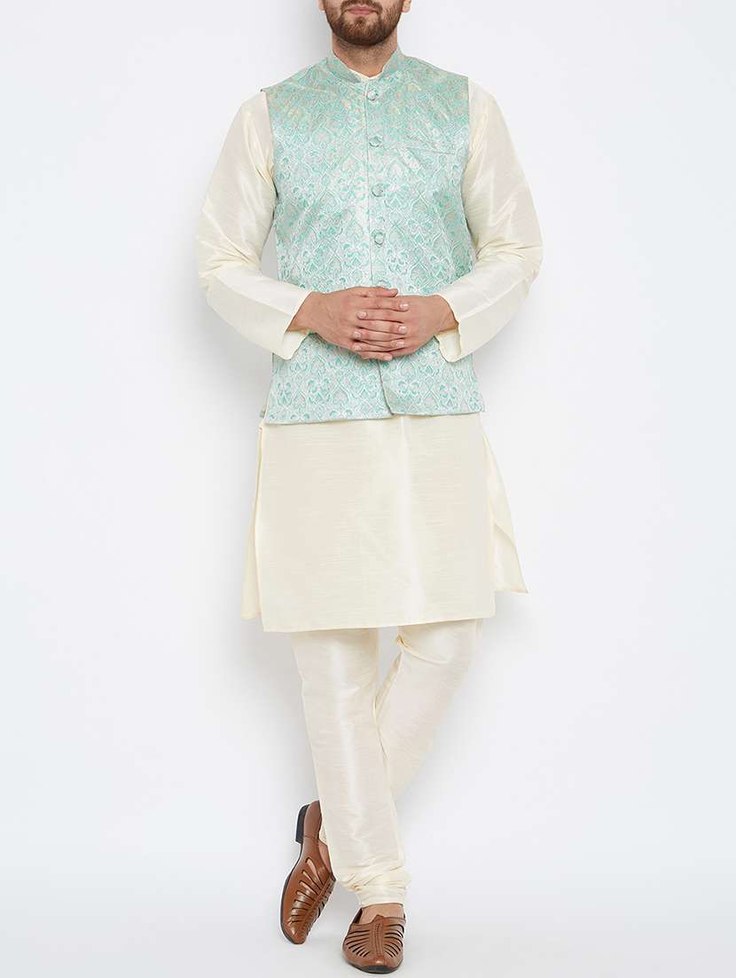green and off white silk blend kurta pyjama set